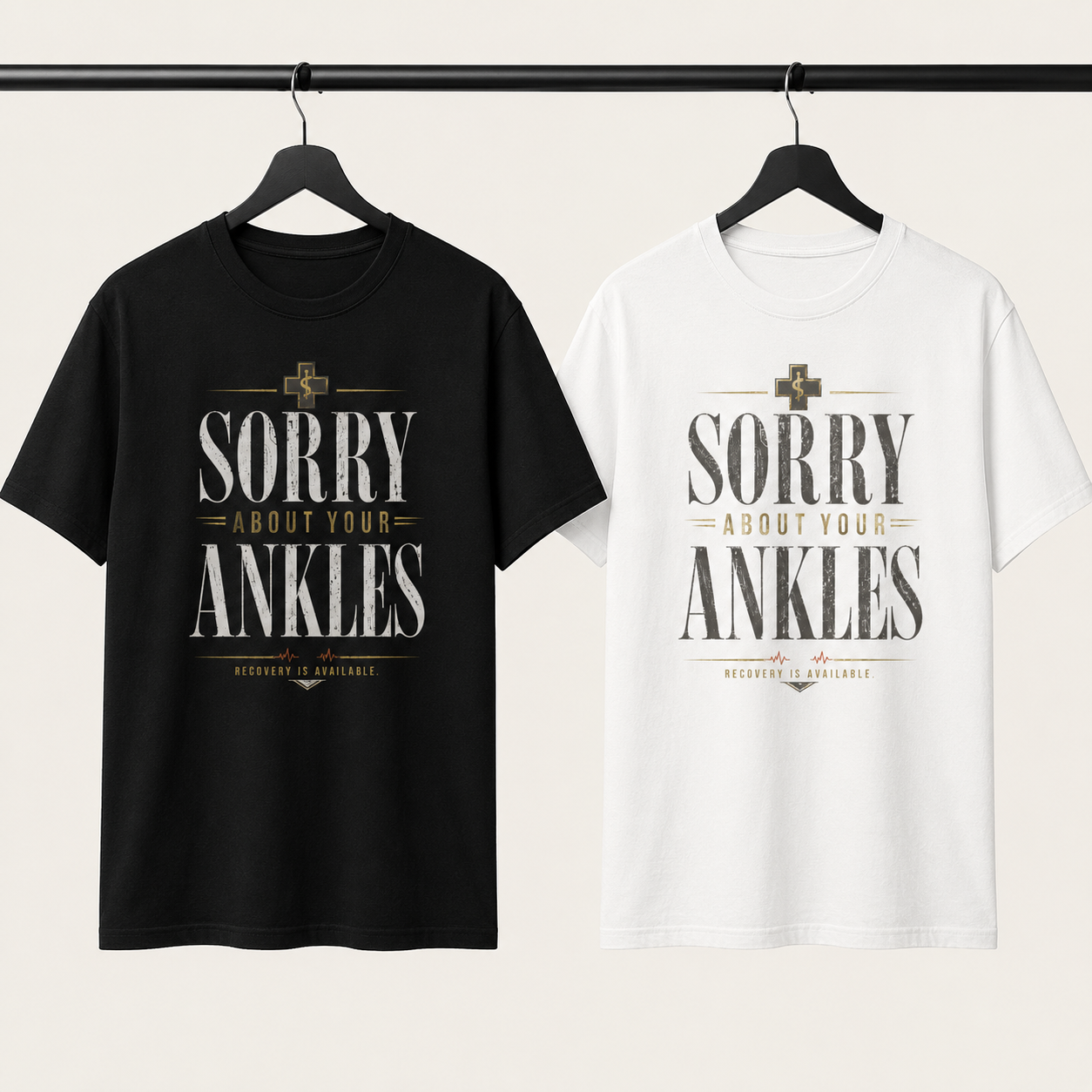 Sorry About Your Ankles T-Shirt in black and white on a studio clothing rail