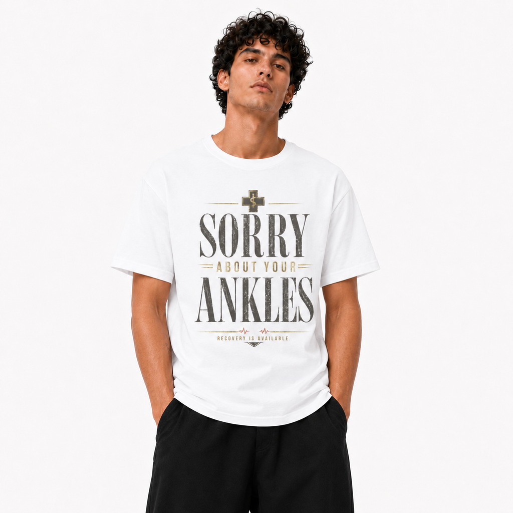 Sorry About Your Ankles white T-shirt front view on Brick City model