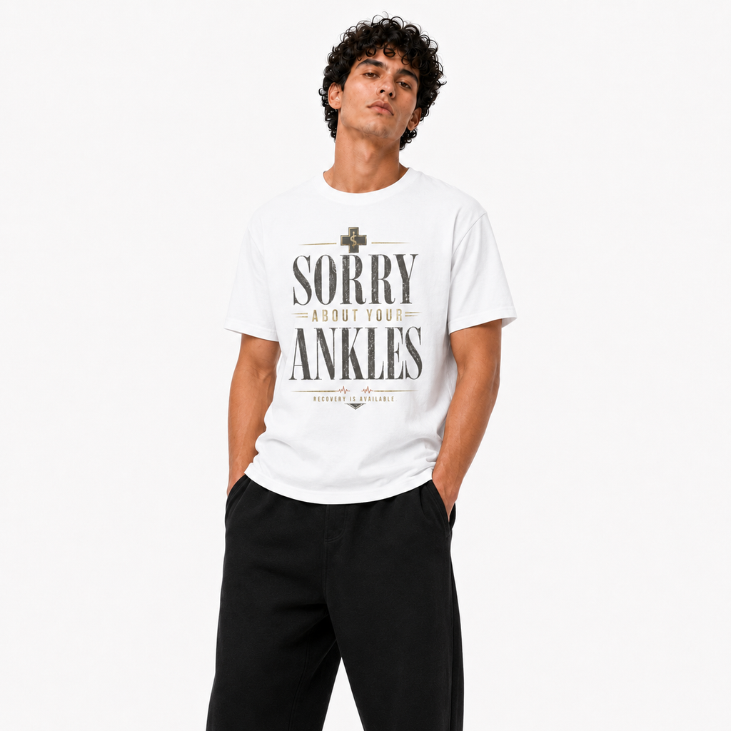 Sorry About Your Ankles white T-shirt three-quarter view on Brick City model