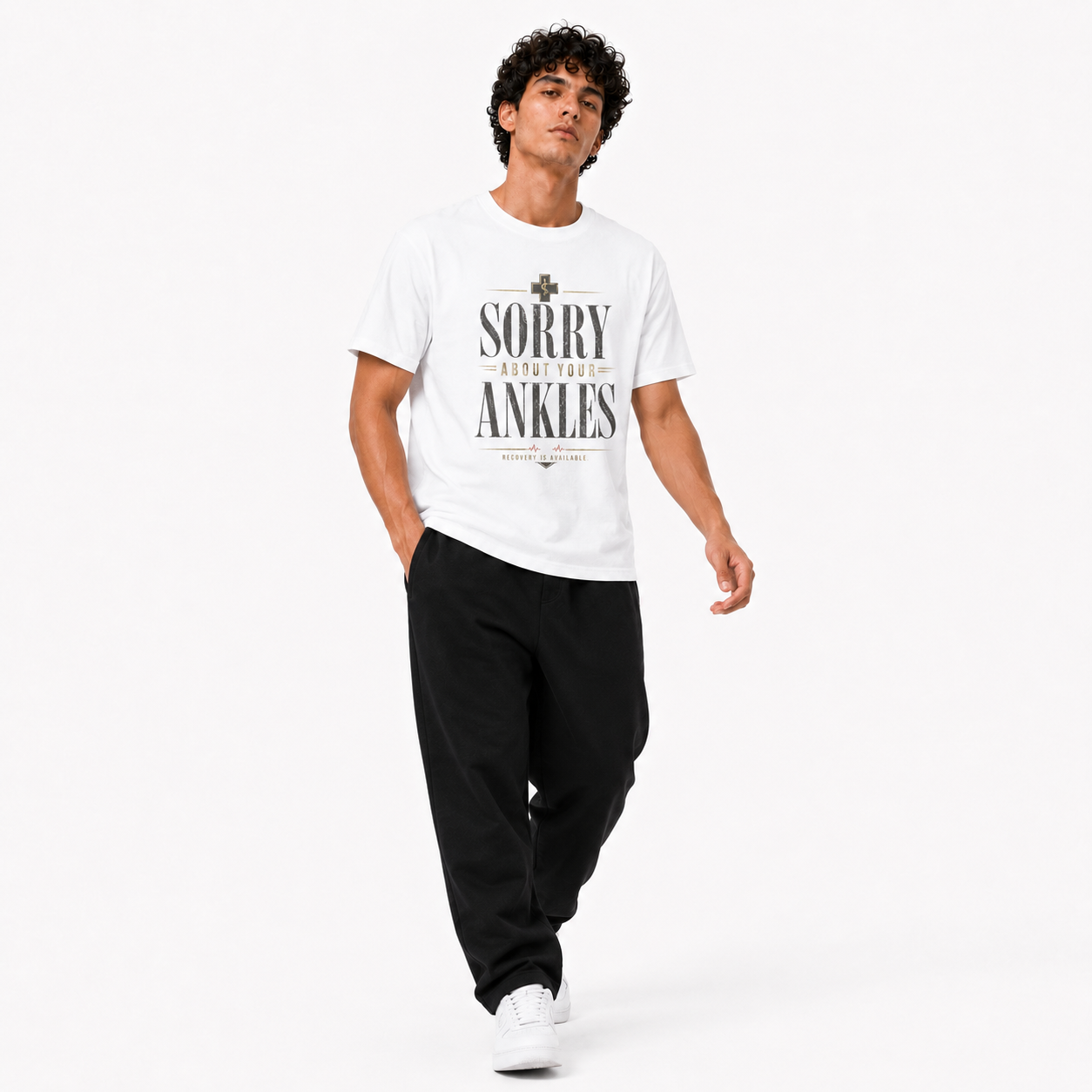 Sorry About Your Ankles white T-shirt walking pose on Brick City model