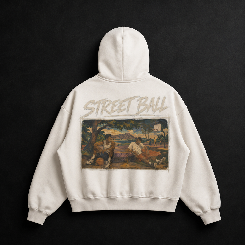 Streetball light beige hoodie back art print flat lay, painted streetball court scene