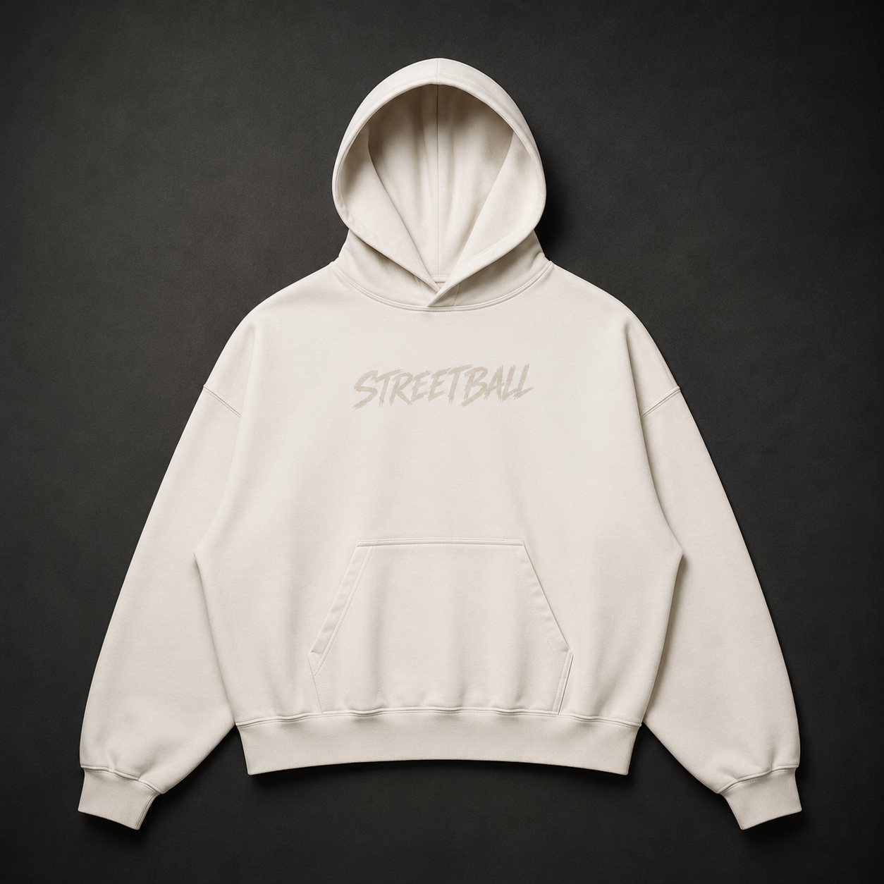 Streetball light beige oversized hoodie, front view flat lay