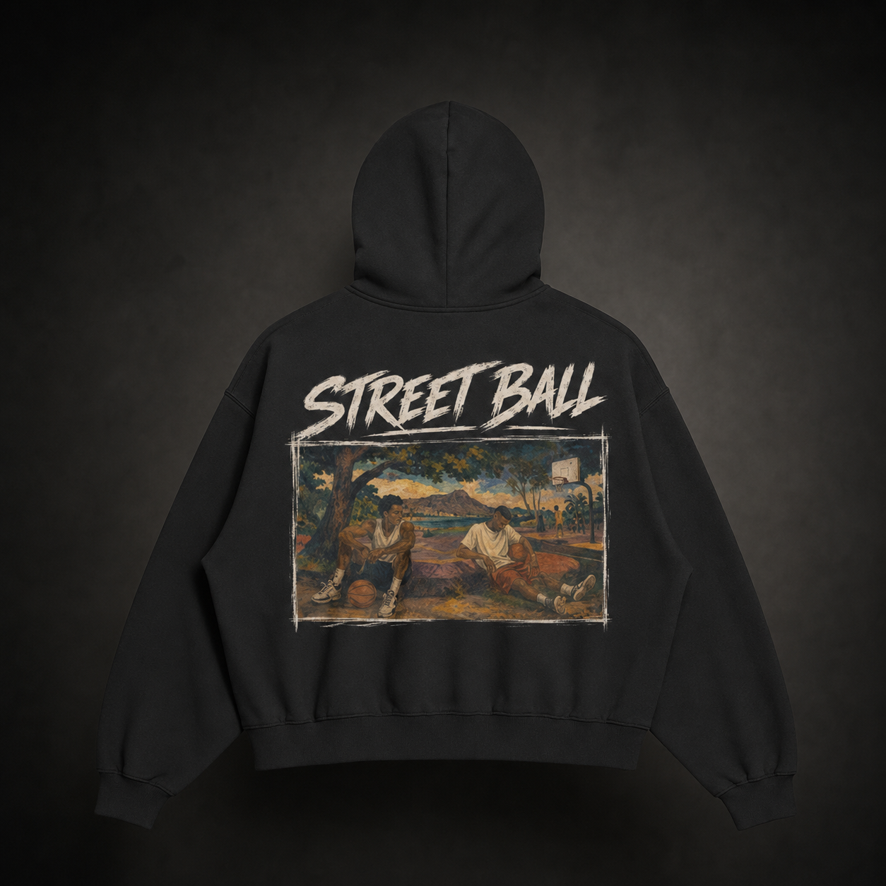 Streetball black hoodie back art print flat lay, painted streetball court scene