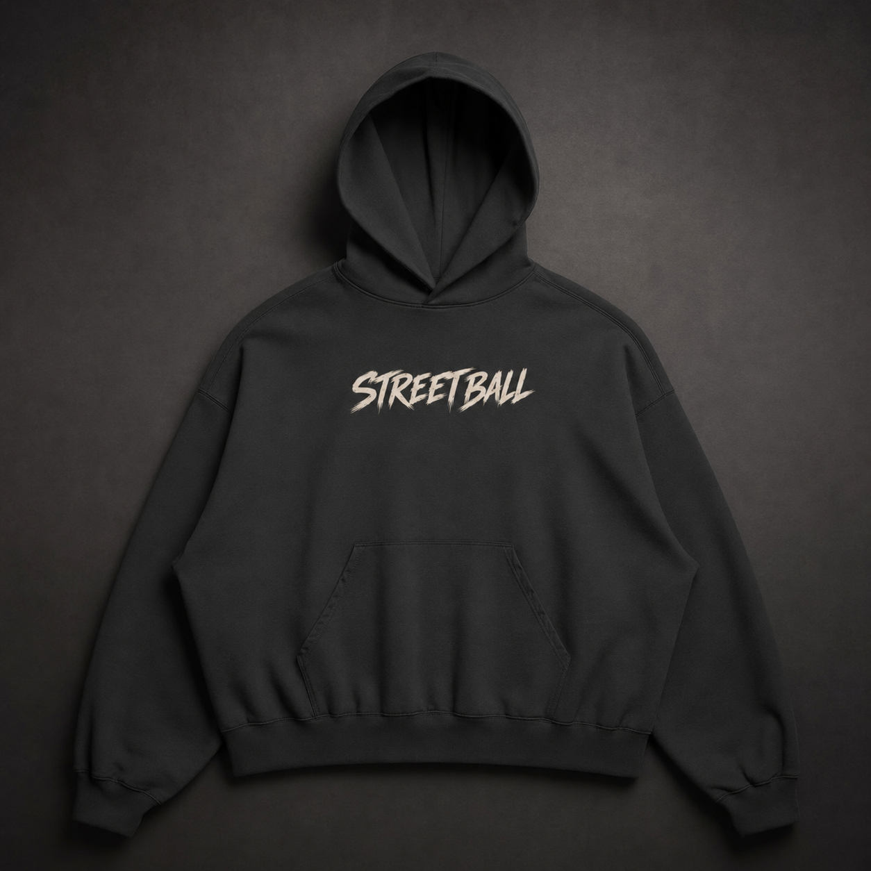 Streetball black oversized hoodie, front view flat lay