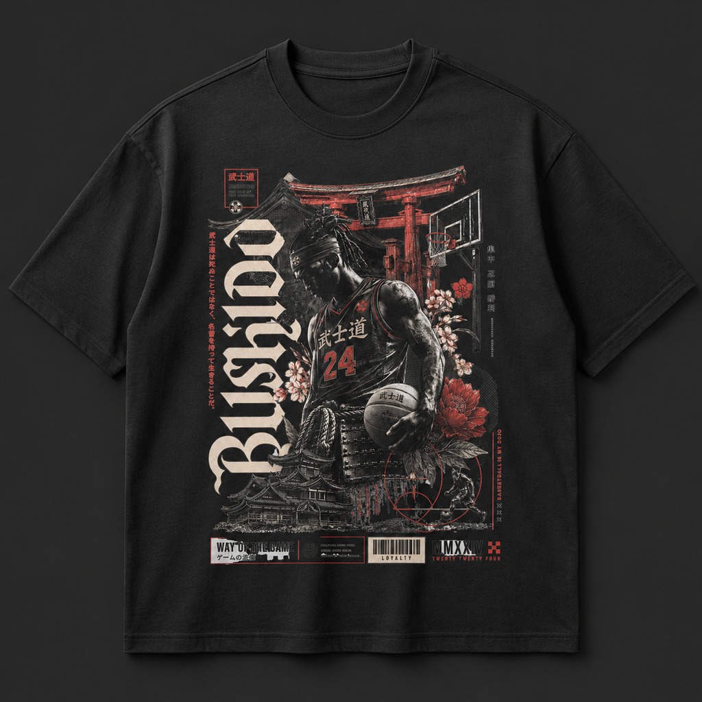 The Game Japanese Hooper Tee black oversized Japanese basketball graphic t-shirt product mockup