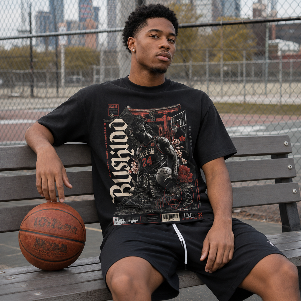 The Game Japanese Hooper Tee worn in outdoor basketball court lifestyle mockup