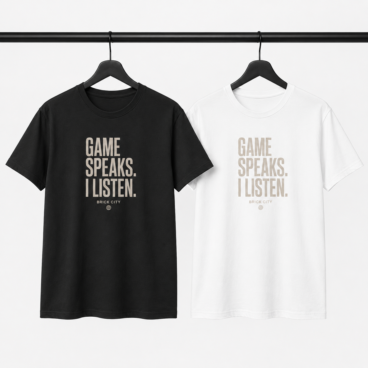 The Game Speaks, I Listen T-Shirt by Brick City on a studio product mockup