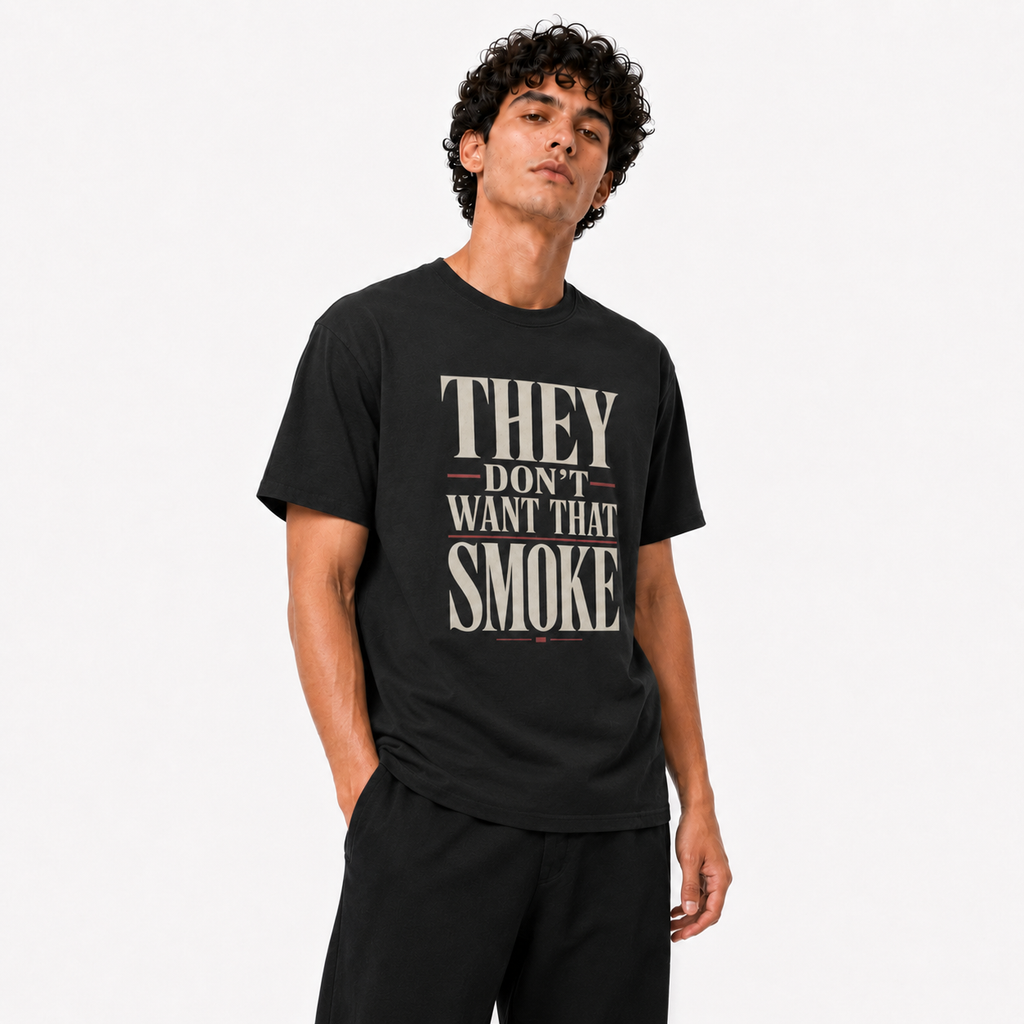 They Don’t Want That Smoke black T-shirt three-quarter view on Brick City model