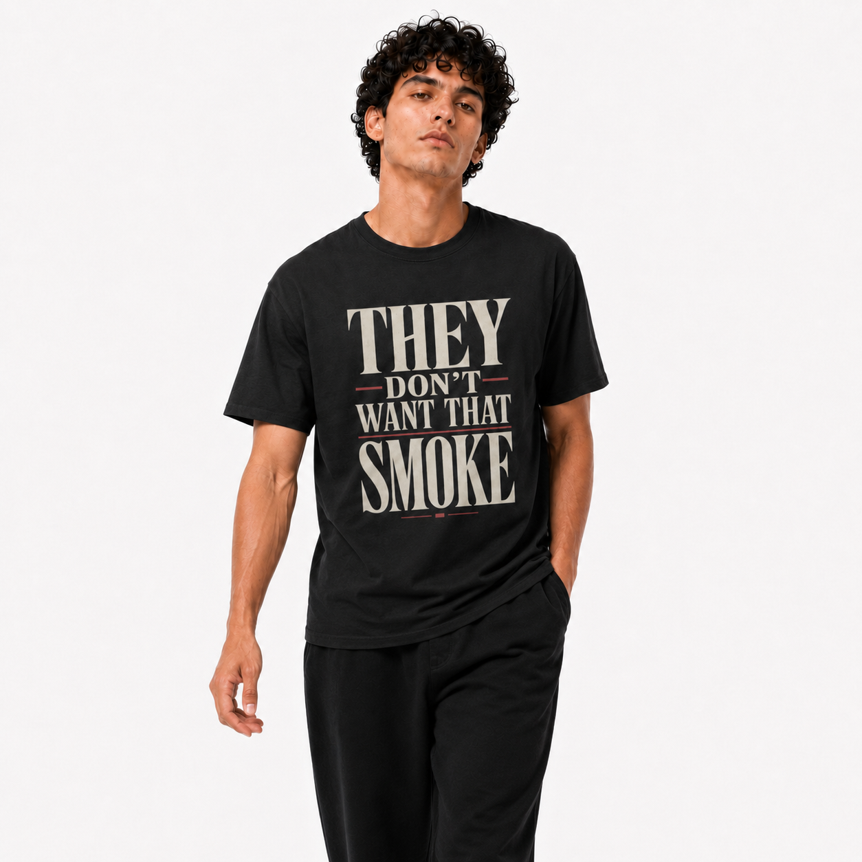 They Don’t Want That Smoke black T-shirt walking pose on Brick City model