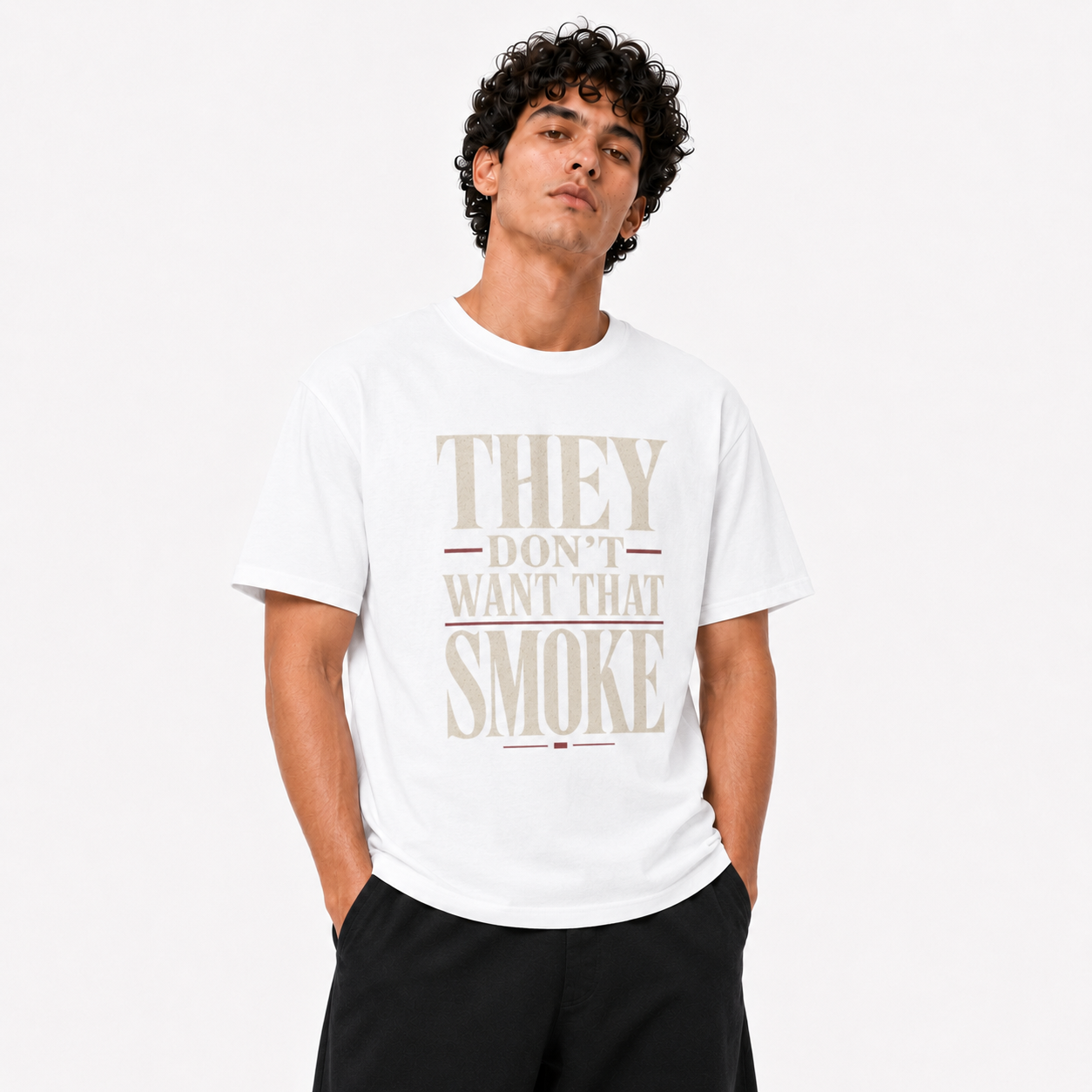 They Don’t Want That Smoke white T-shirt three-quarter view on Brick City model