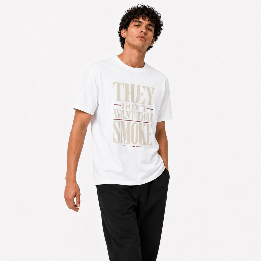 They Don’t Want That Smoke white T-shirt walking pose on Brick City model
