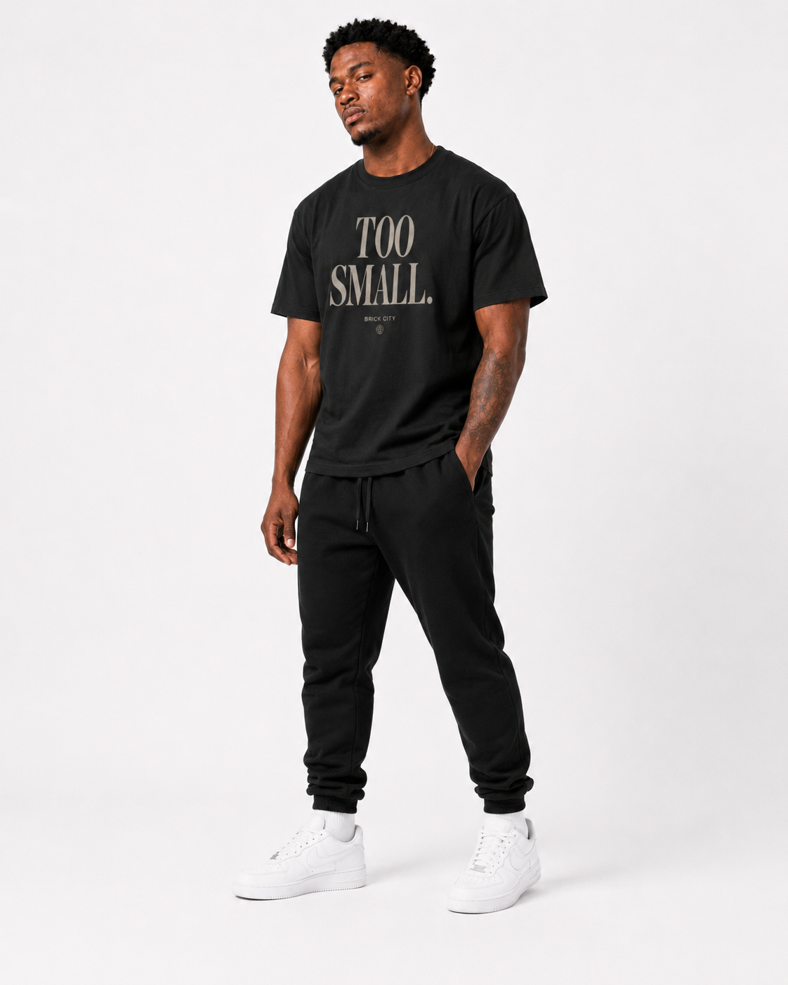 Too Small T-Shirt on Brick City model in studio view two