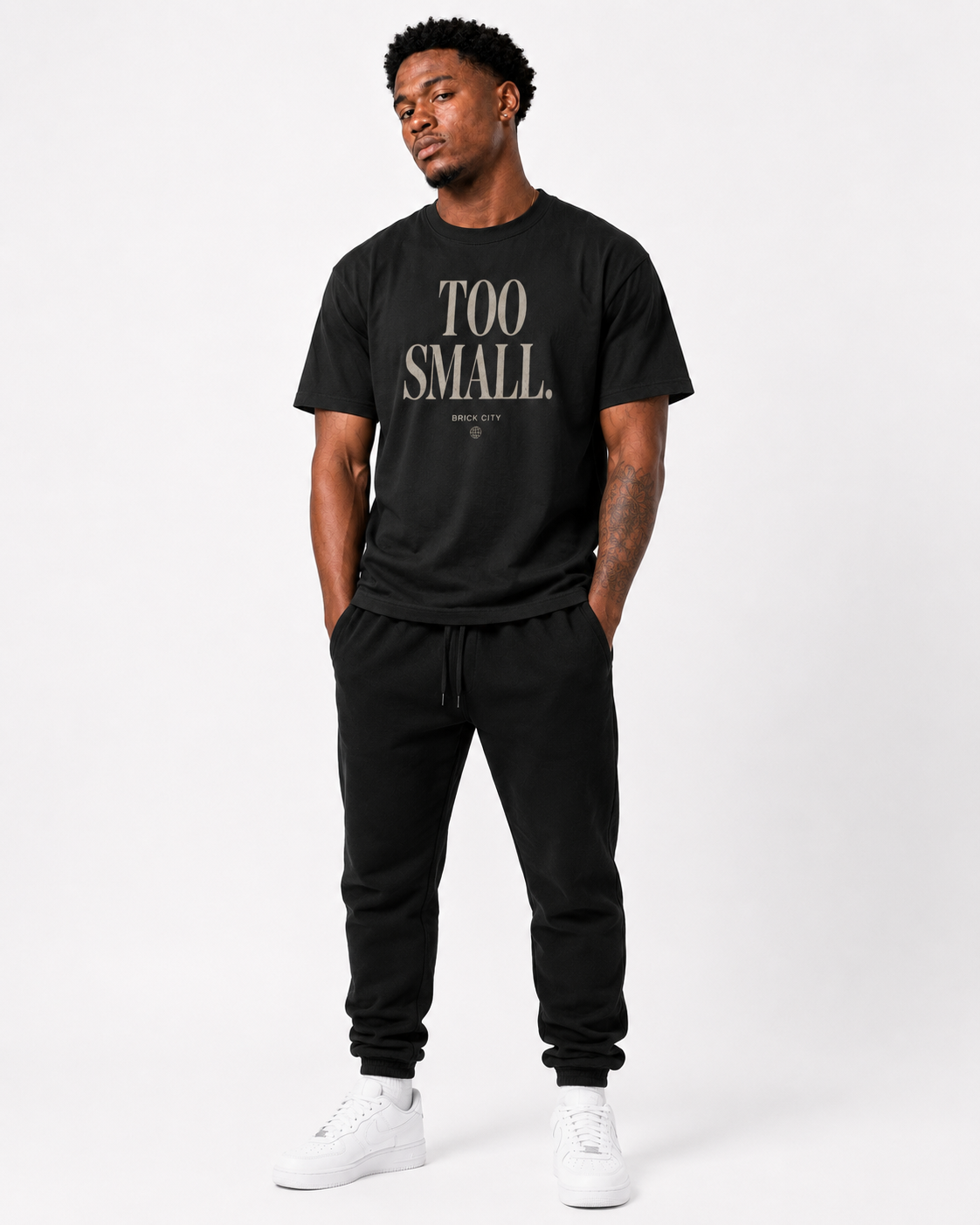 Too Small T-Shirt on Brick City model in studio view four