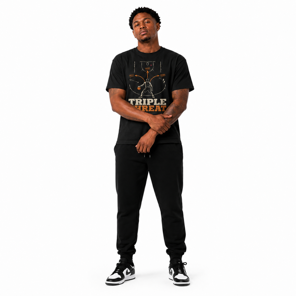 Triple Threat T-Shirt on Brick City model in studio view three