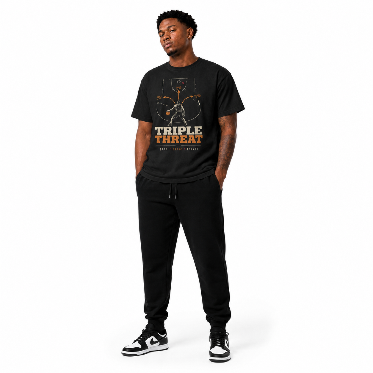Triple Threat T-Shirt by Brick City on a studio product mockup