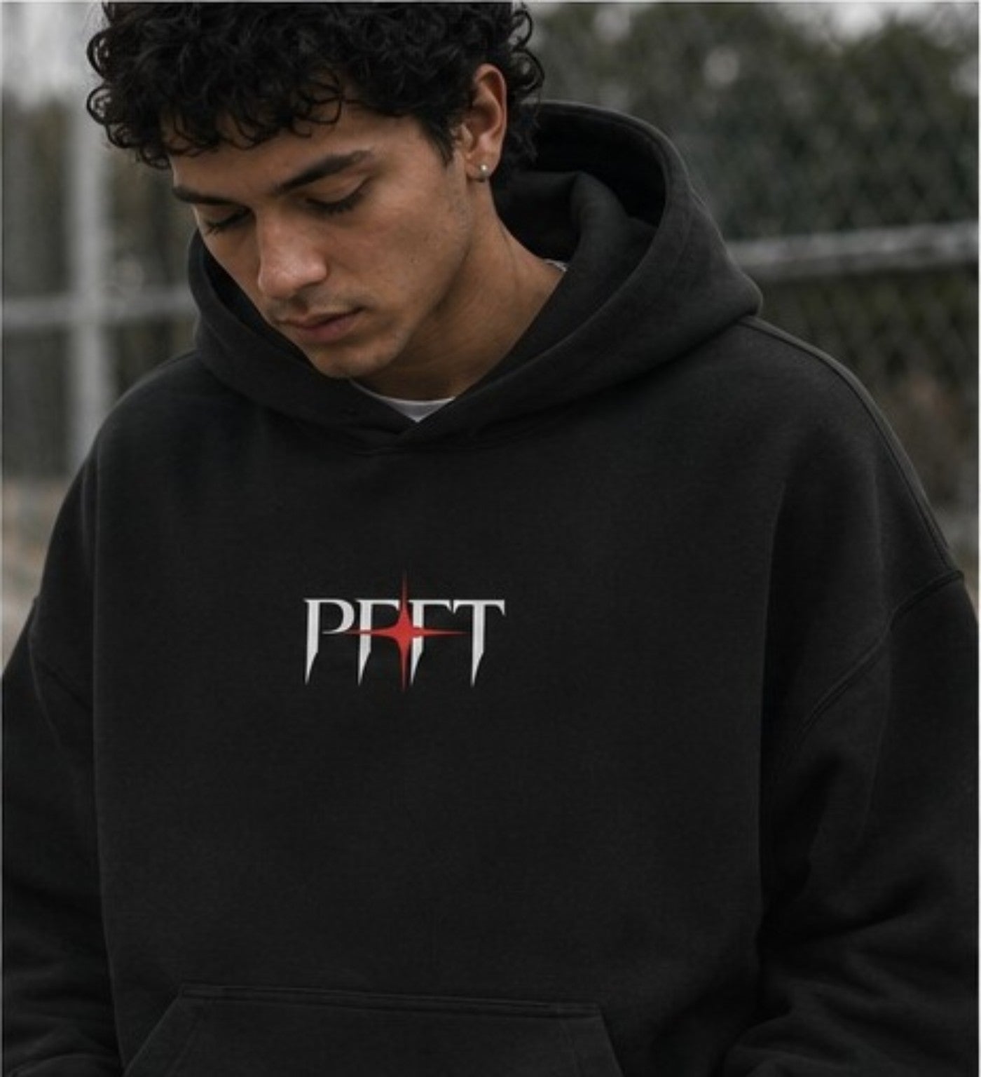 Unguardable Oversized Hoodie black front print close up lifestyle