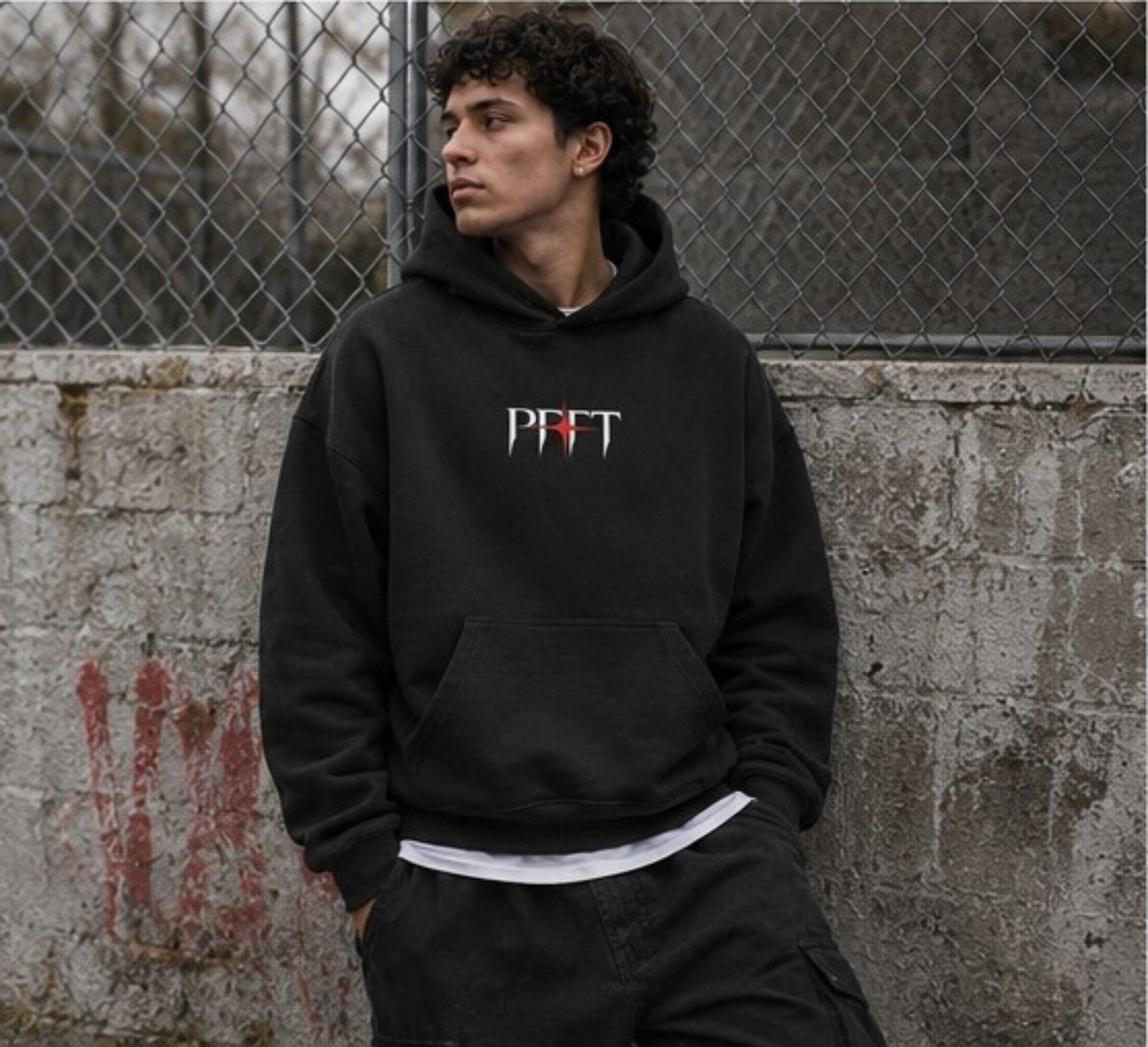Unguardable Oversized Hoodie black front print fence lifestyle