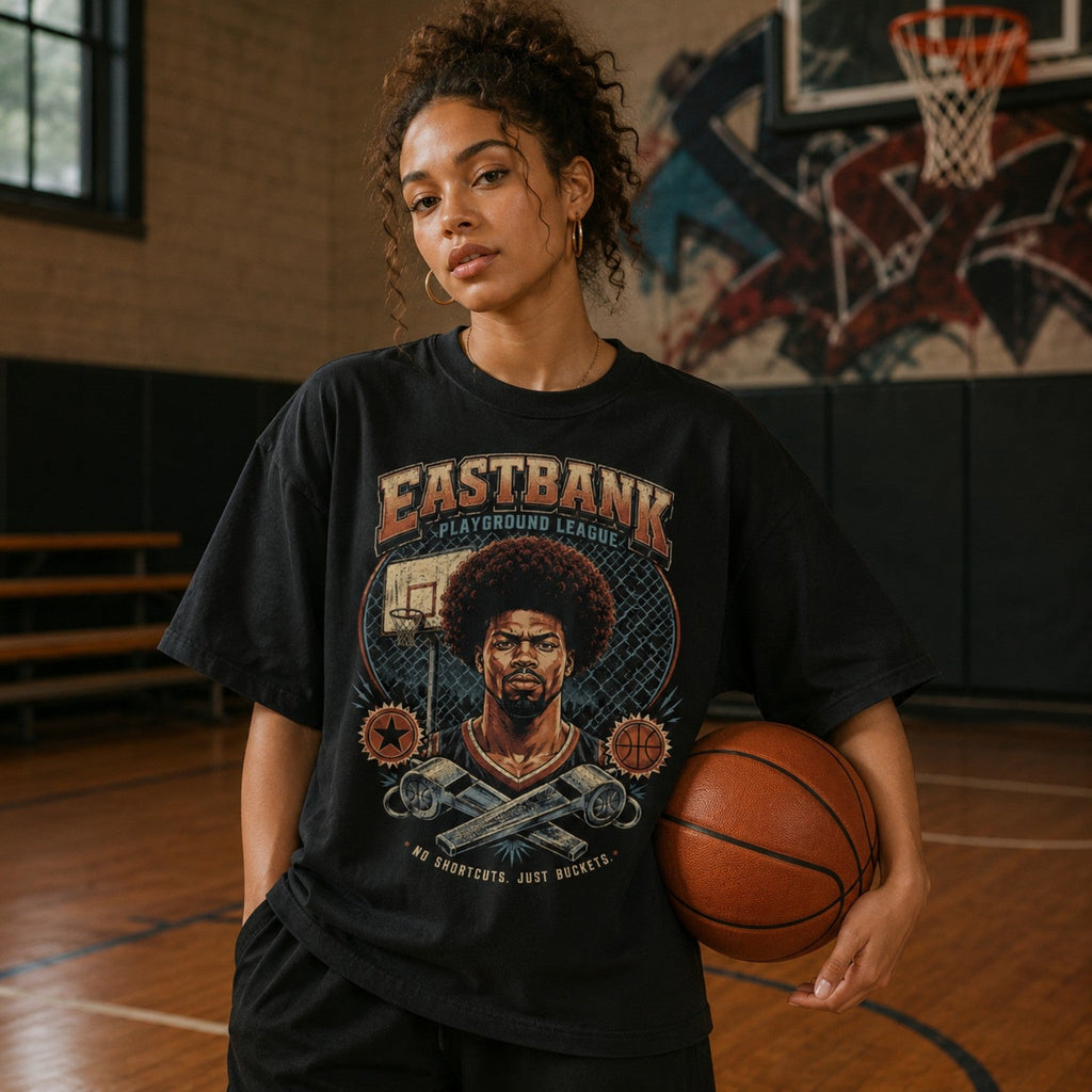 Female model wearing Vintage 90’s East Bank Tee in indoor basketball court lifestyle photo