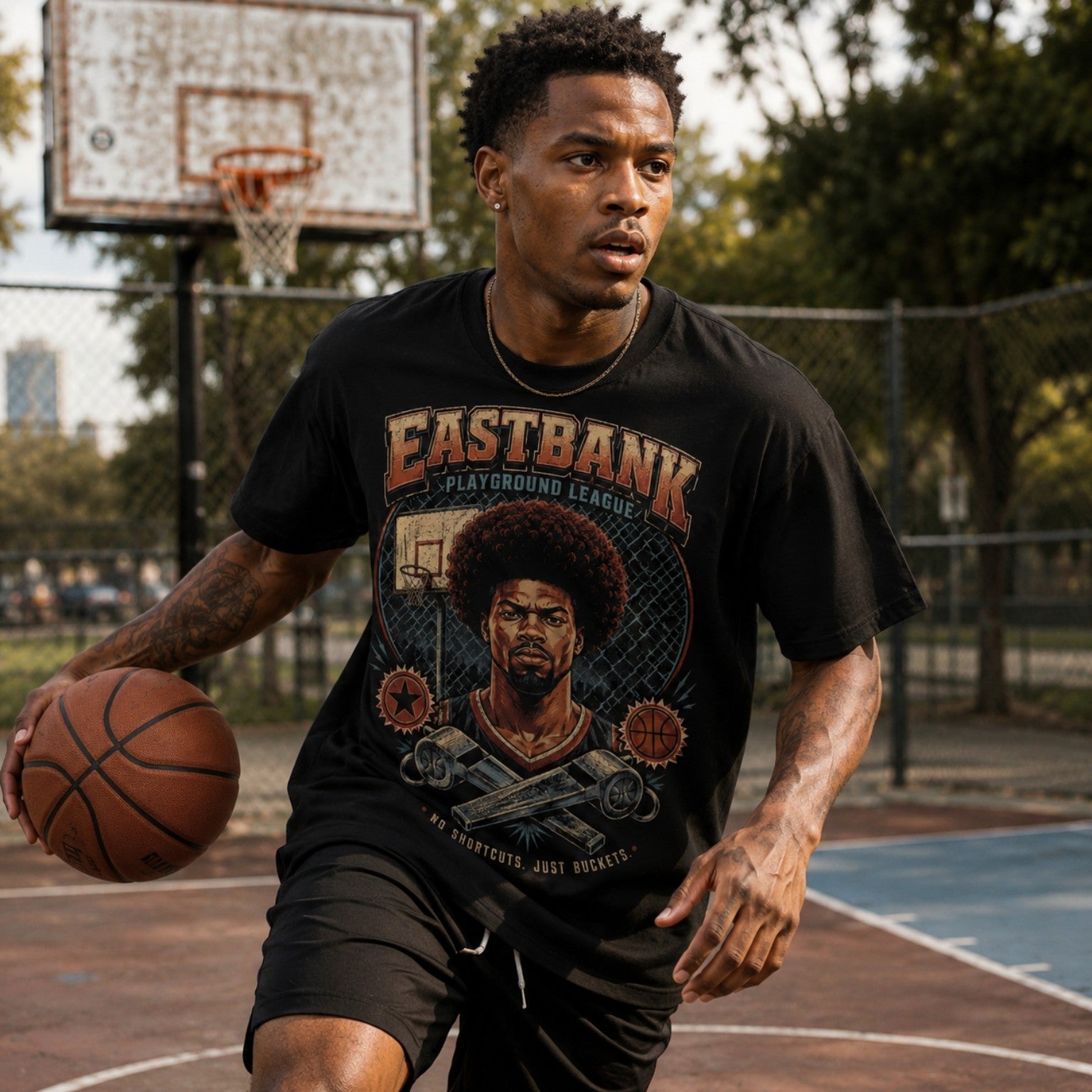Model wearing Vintage 90’s East Bank Tee during outdoor basketball action