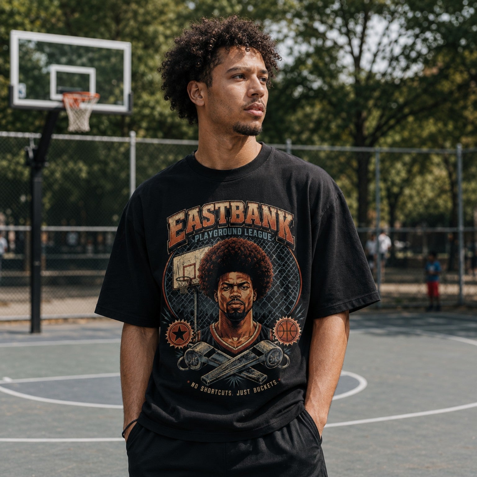 Model wearing Vintage 90’s East Bank Tee on outdoor basketball court portrait photo