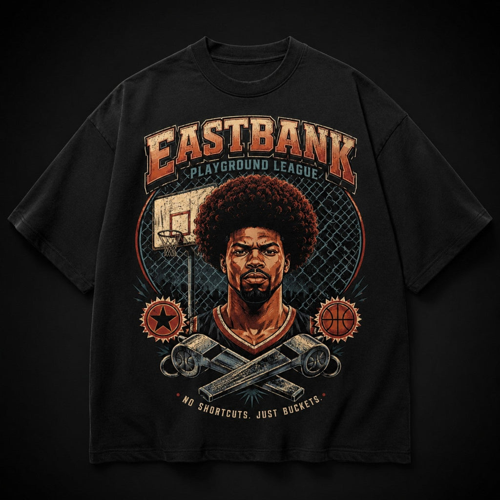Vintage 90’s East Bank Tee black oversized basketball graphic t-shirt product mockup on dark background
