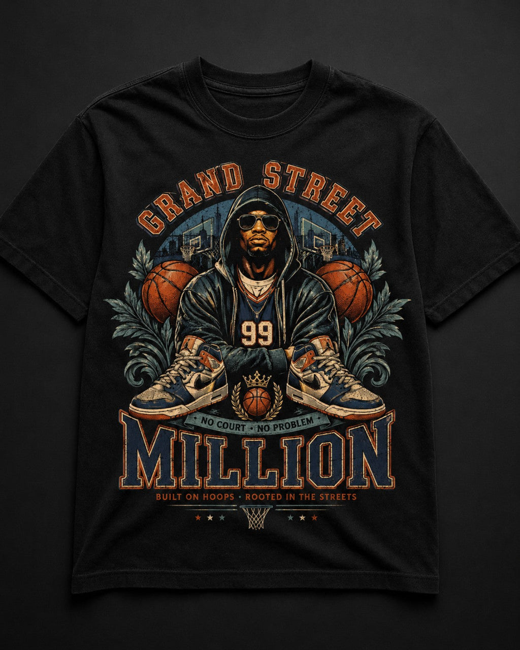 Vintage Grand Street Tee black t-shirt product mockup on dark background