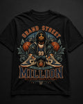 Vintage Grand Street Tee black t-shirt product mockup on dark background