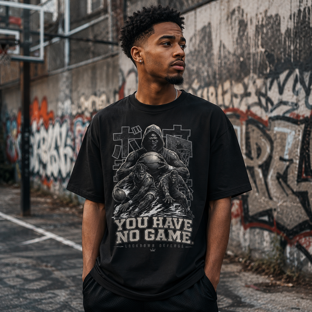You Have No Game Tee worn in outdoor basketball court lifestyle mockup